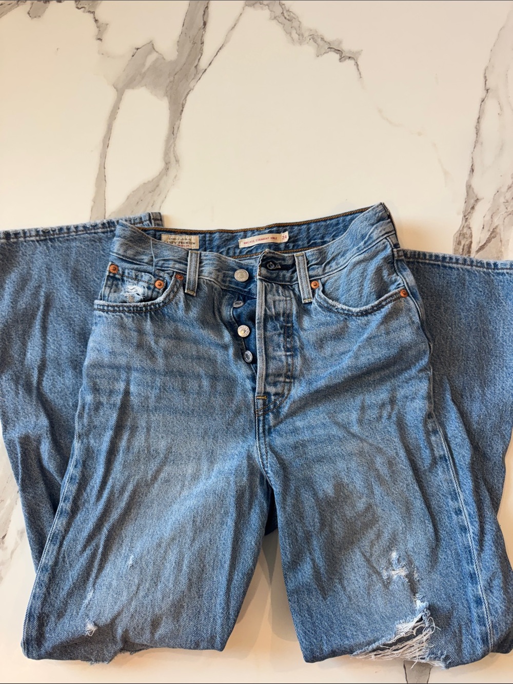 Levi's High-waisted Medium Blue Straight-Leg Distressed Button-Fly Jeans
